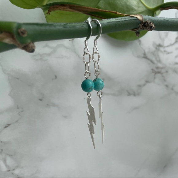 Lightning Bolt Silver Earrings with Turquoise Accent - Picture 5 of 5